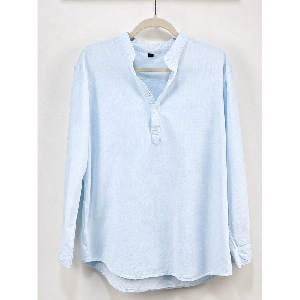 Coastal Beach Linen Blend Roll Tab Sleeve Pullover Tunic Light Blue Women's M